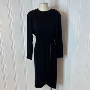 SCHRADER KNIT Vintage Black Wool Blend Midi Dress with Gold Trim – Size M